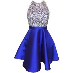 Mini Dress Women Size 6 Blue Silver Mini Satin Beaded Halter Backless Flare READ